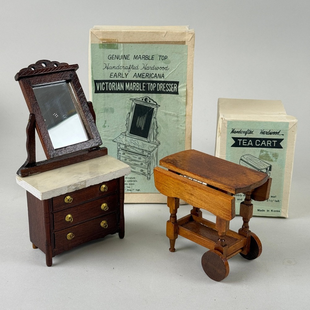 Vtg Doll house furniture Hardwood Miniature Victorian Dresser and Tea Cart 1:12